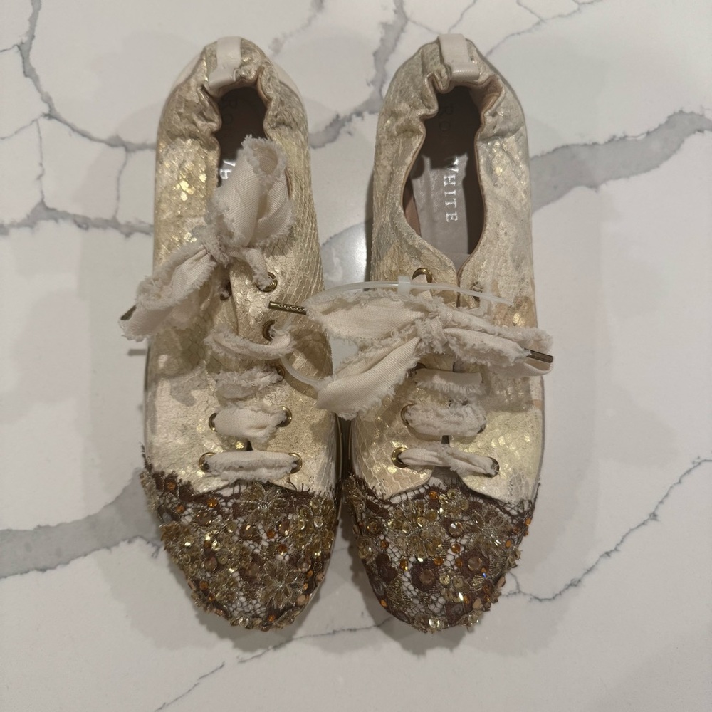 Ron White Gold & White Leather Bohemian Snakeskin Sneakers SZ 41 Sequins Fairy
